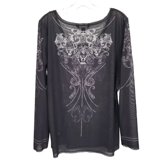 Rock & Republic Size XL Shirt Sheer Mesh Cheetah Head Print Long Sleeve Pullover - Picture 3 of 9